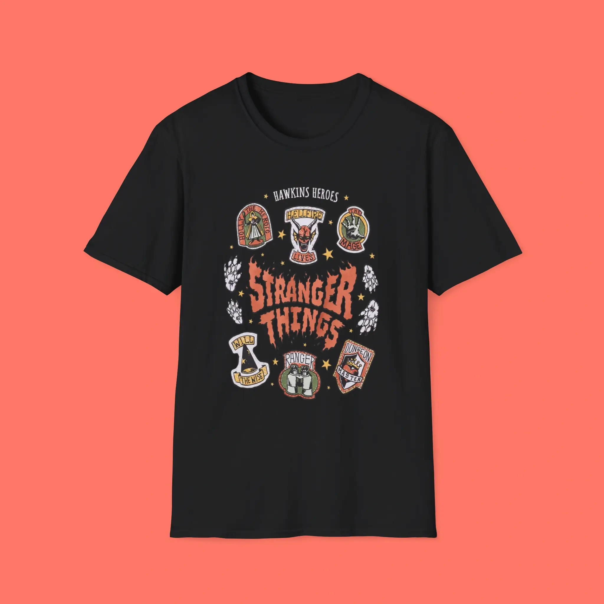 Stranger-Things-Badge-Icons-Dark-Wash-Shirt Stranger Things Badge Icons Dark Wash Shirt